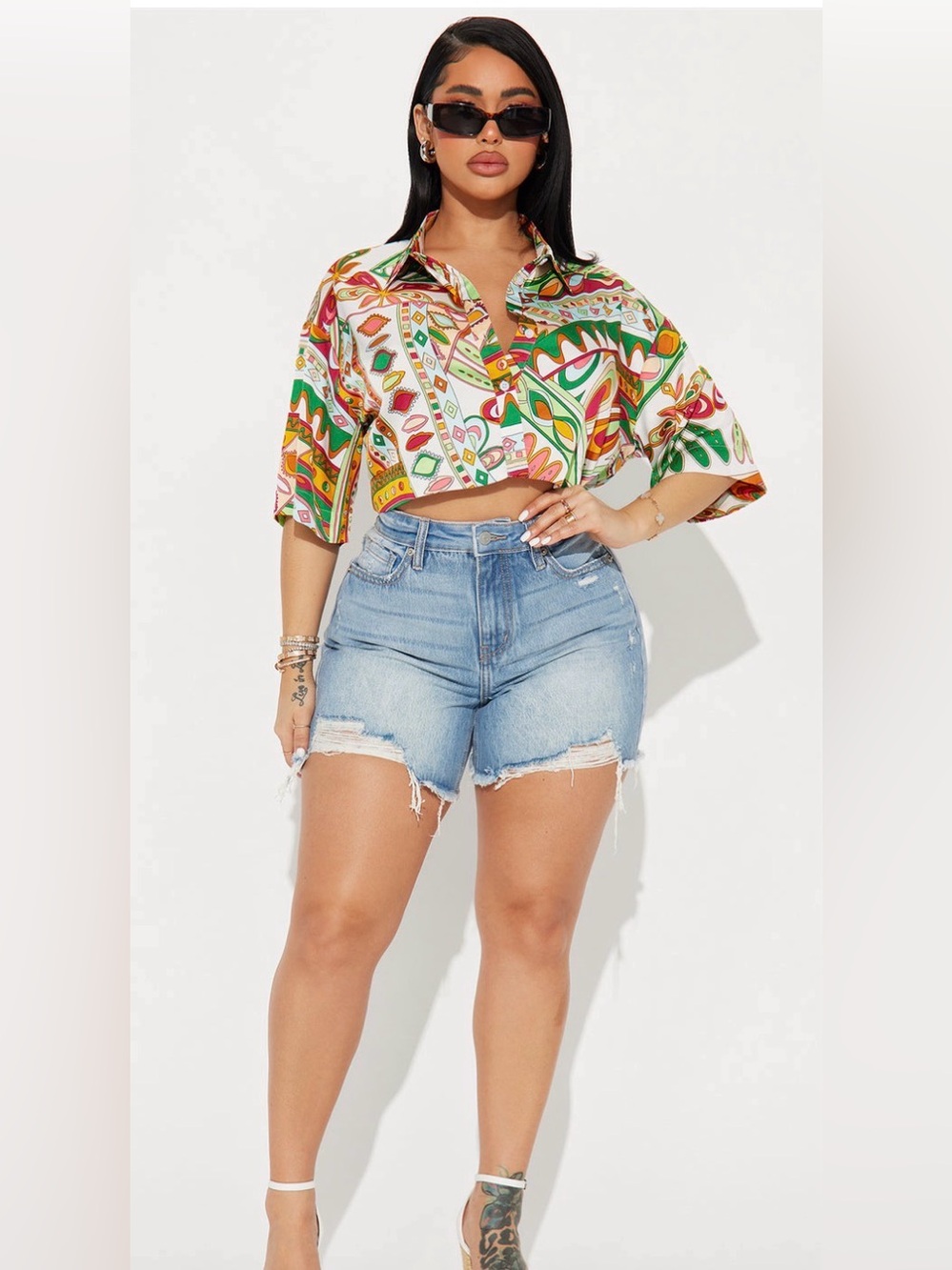 Fashion Nova Multicolor Cropped Button-Up Shirt